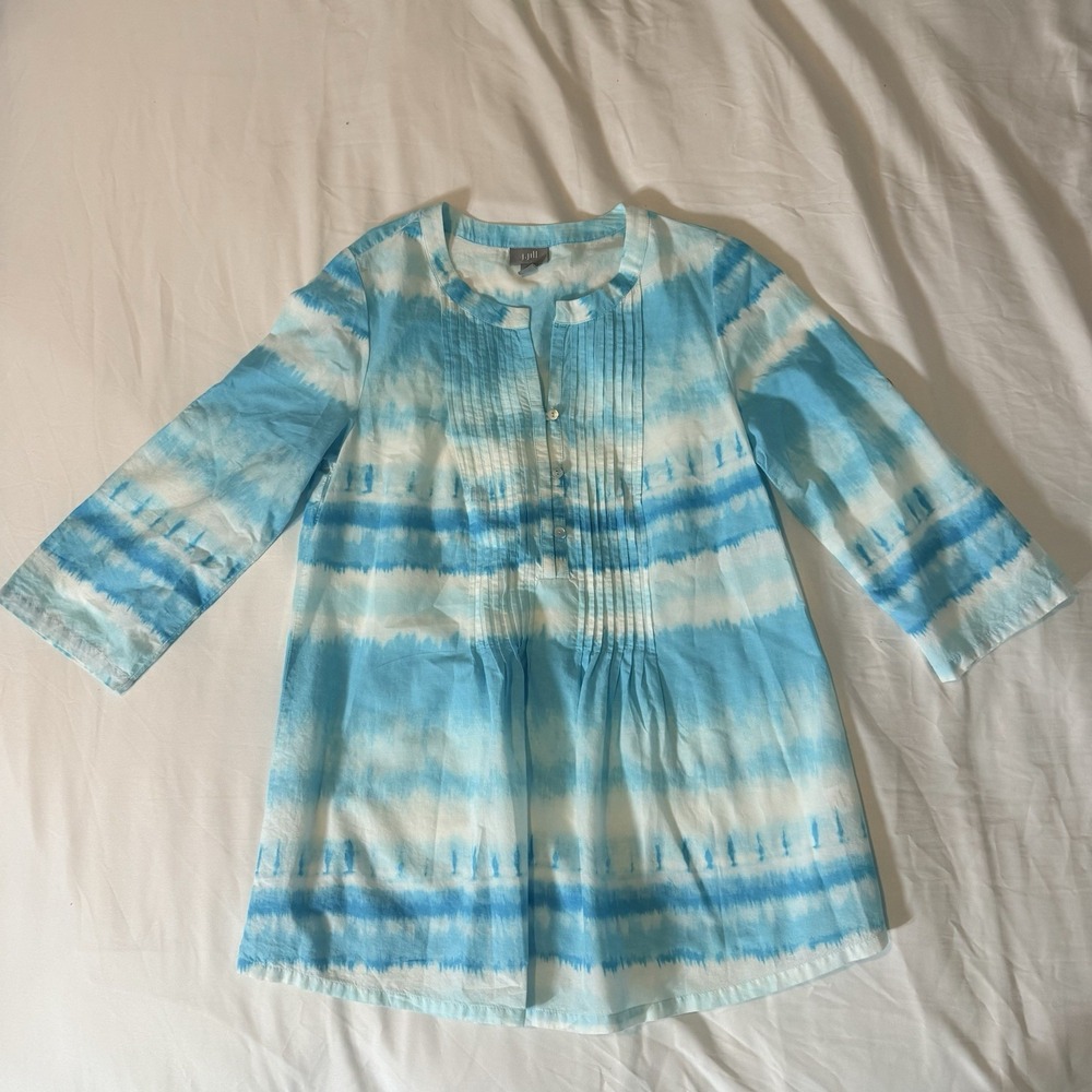 J Jill Pintuck Tunic XS Blue White Tie Dye Cotton Rolltab Sleeve Bohemian Hippie